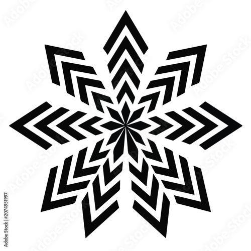 Geometric black star pattern with radial chevron shapes arranged symmetrically to create a circular motif on plain white