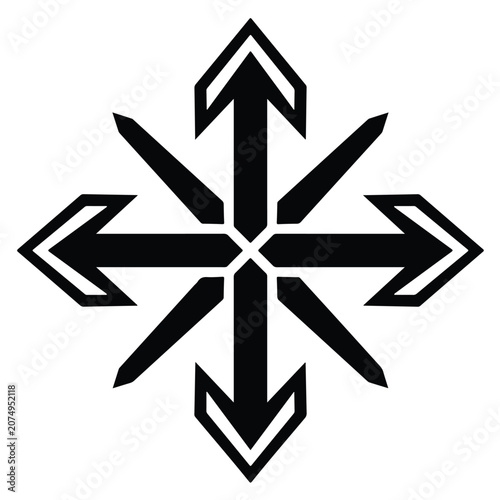 Minimalist black and white radial starburst pattern featuring four directional arrows and sharp diagonal points for graphic design