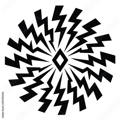 Black and white radial burst design with jagged lightning bolts exploding from a central diamond shape on plain background
