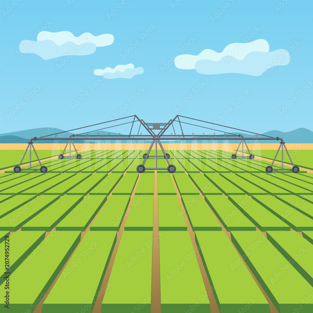 Fototapeta premium Modern Agricultural Irrigation System with Linear Sprinklers over Green Fields Flat Art