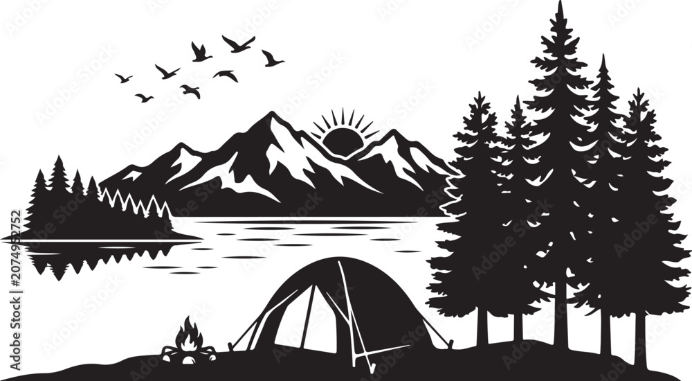 Fototapeta premium Camping, outdoor adventure, nature, landscape, silhouette, black, vector icons, illustrations, 1 graphic