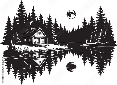 Black and white, cabin in the woods, lake scene, vector illustration, monochrome landscape