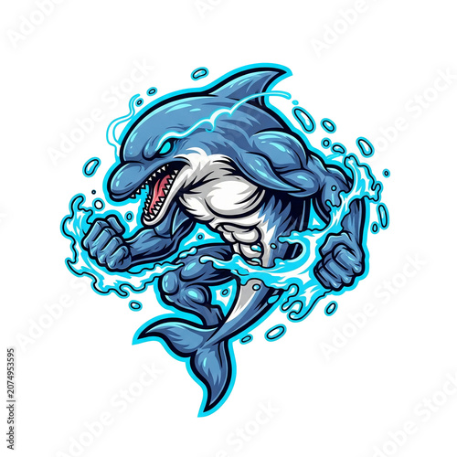 Aggressive cartoon dolphin with sharp teeth.