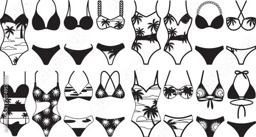 Collection of various swimwear designs and patterns on swimsuits and bikinis