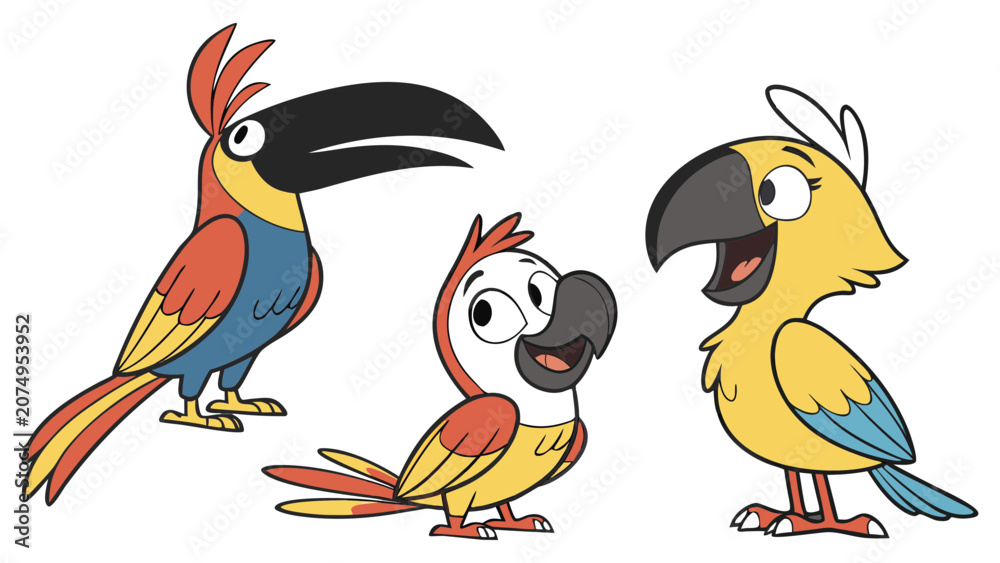 Fototapeta premium Three colorful cartoon birds standing