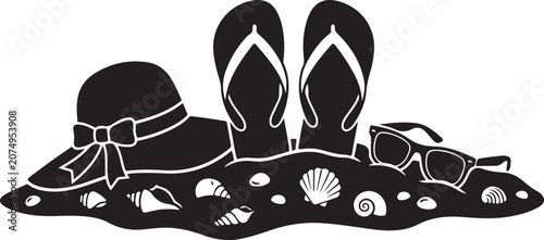 Black beach accessories, summer hat, flip flops, sunglasses, seashells, vector icons