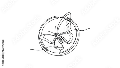 Continuous line drawing of a butterfly inside a circular frame.