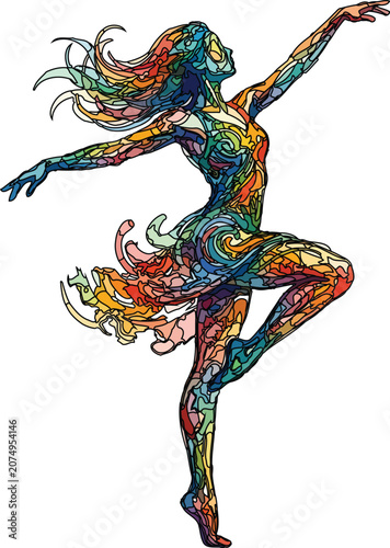 Dancing woman figure composed of colorful mosaic shapes vector silhouette