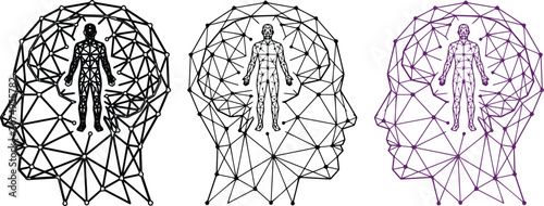 Human Brain Network Vector Set, abstract digital mind connection concept, AI and consciousness illustration, neural pathways graphic resource, technology and psychology design element