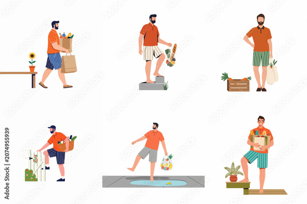 Fototapeta premium Set of diverse vector illustrations of a man carrying grocery bags, baskets, and fresh food in different everyday situations.