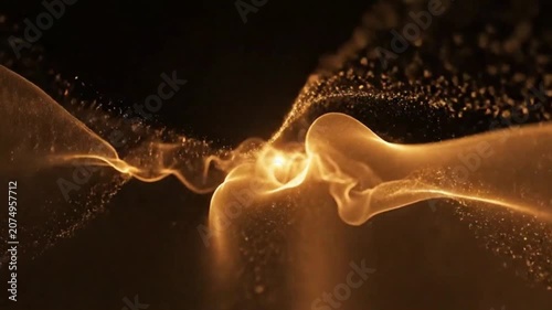 Abstract golden flowing particles creating an ethereal light wave on a dark background, dynamic glitter dust effect
