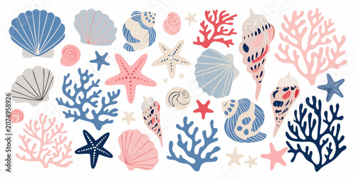 Obraz na plátne Seashells And Coral Vector Illustration With Pastel Tones