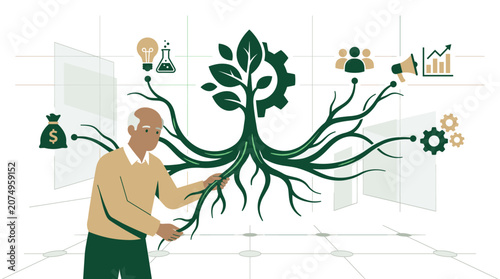 Senior businessman nurturing a tree symbolizing sustainable growth