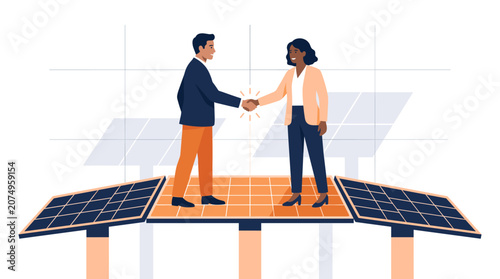 Business Partners Shaking Hands on Solar Panels for Green Energy