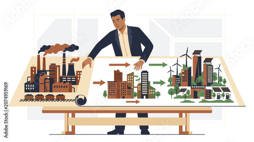 Businessman Planning Transition from Industrial Factory to Green Sustainable City