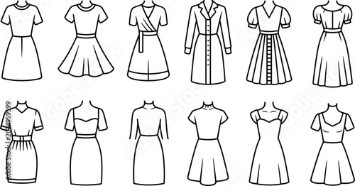 Obraz na płótnie Minimalist women dress outline icons vector set of female clothing apparel fashi