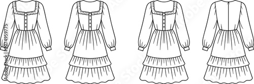 Bilde på lerret Women long sleeve ruffled dress technical sketch vector illustration with front