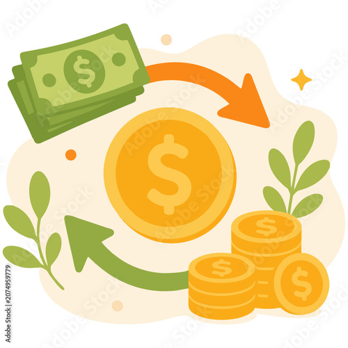 Money exchange with circular arrows representing financial transaction and currency flow illustration