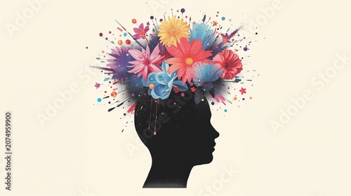 AI Generative. Human head silhouette with colorful flowers exploding from the mind, concept of creativity, mental health, and psychology. 3