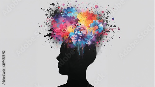 AI Generative. Human head silhouette with colorful flowers exploding from the mind, concept of creativity, mental health, and psychology. 4