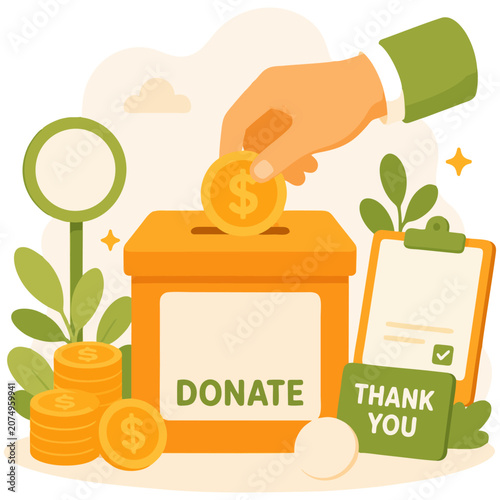 Donation box with coin and thank you card representing charity fundraising illustration