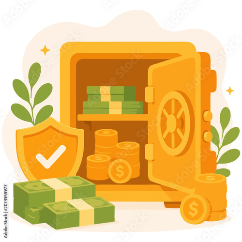 Open bank vault with cash and coins representing secure money storage illustration