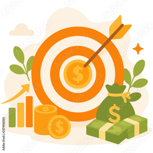 Target with arrow and money representing investment goals and financial success illustration