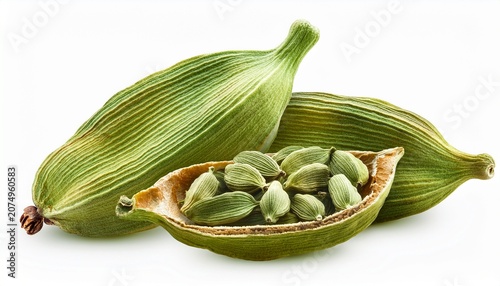 Whole Green Cardamom Cardamon Or Cardamum Dried Fruits Of Elettaria Cardamomum With Halved Pod And Seeds Isolated Png
