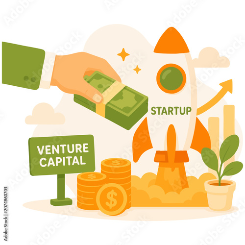 Venture capital funding concept with investor cash, startup rocket and financing illustration