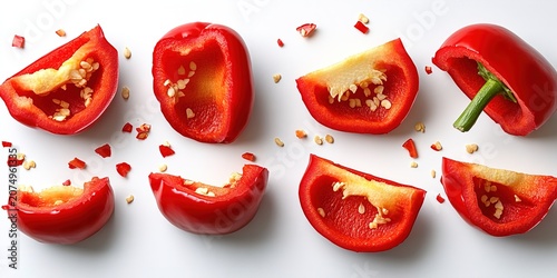 Fresh red bell pepper slices arranged on white background with seeds close up
