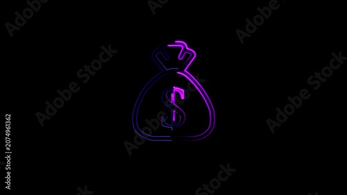 Glowing Neon Money Bag with Dollar Sign Animation on Black Background for Financial and Wealth Concepts