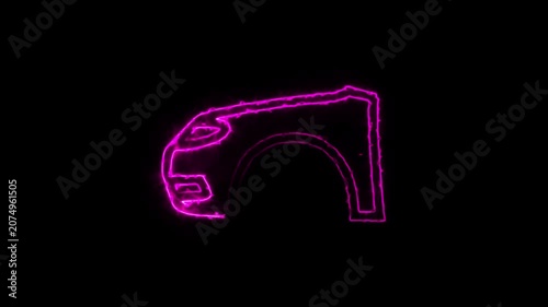 Glowing Neon Pink Car Fender and Front Bumper Line Art Animation on Black Background, Futuristic Electric Energy Auto Part Vector Illustration Loops