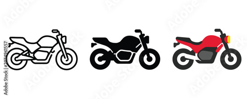 Foto Motorcycle vehicle icon set in outline and flat styles with motorcycle, motorist