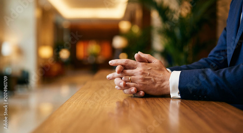 Close up of unrecognizable businessman in blue suit with clasped hands resting on wooden table.