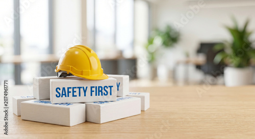 Yellow safety hard hat resting on wooden blocks with Safety First text in modern office background.