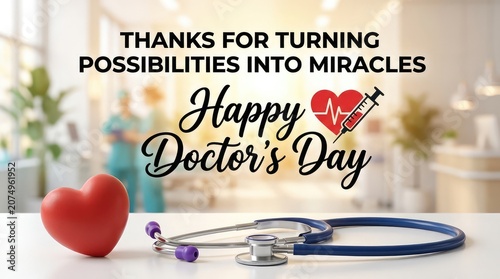 Happy doctors day still life photography layout with a stethoscope red heart object and greeting card on wood