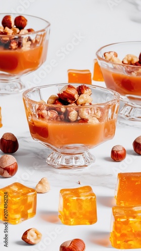 Close up of hazelnuts and caramel sauce dessert in glass bowls with jelly cubes on white background