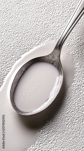Close up of spilled white liquid puddle with metal spoon isolated on textured surface