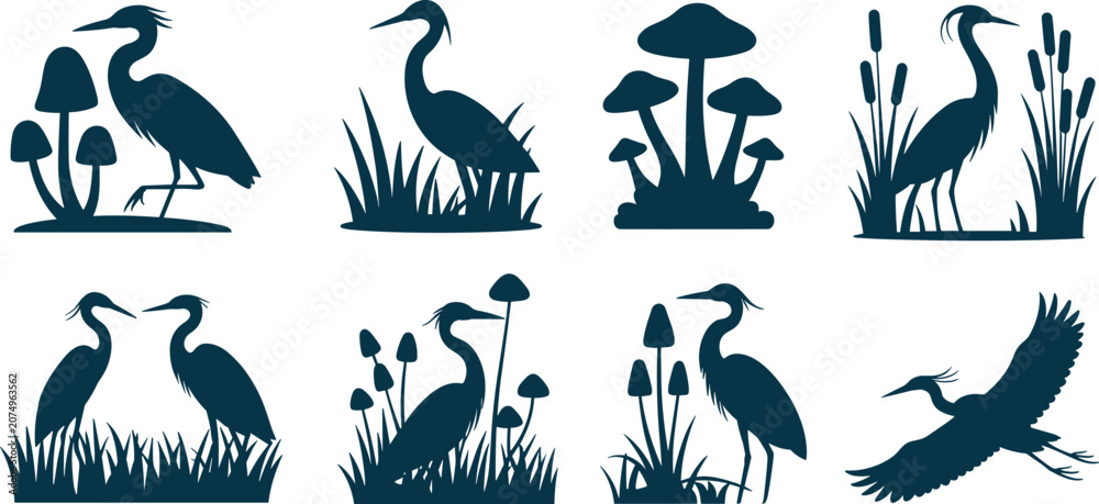 Fototapeta premium Heron silhouette vector illustration set with swamp nature elements cattail reeds mushrooms wild birds stencil bundle isolated on white background
