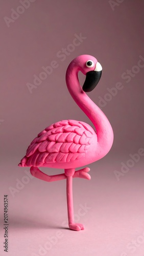 A vibrant, close-up photograph features a pink flamingo figurine in a balanced, graceful pose against a matching pink backdrop