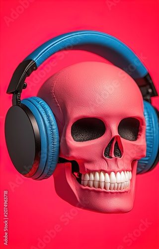 Pink Skull with Blue Headphones in Neon Lighting