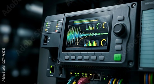 Active harmonic acoustic suppression master PLC controller with high-contrast digital sound wave display on HMI – industrial automation rack unit grid, power quality, noise cancellation, electrical