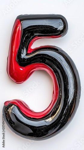 Glossy Black Number Five with Red Outline, Isolated on White Background