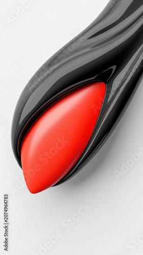 Close-up of a sleek black lipstick tube with vibrant red bullet on a clean pastel background