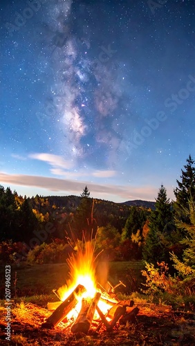 Campfire burning under a starry night sky with the Milky Way galaxy.