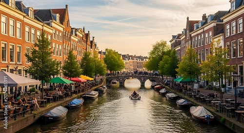 Canal with boats and buildings Amsterdam.