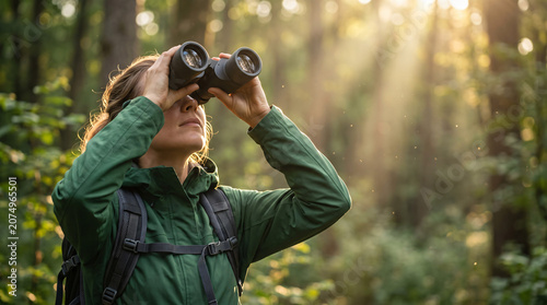 Woman Hiking in a Sunlit Forest and Looking Through Binoculars