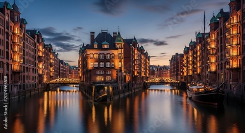 Canal with buildings and bridge at dusk.