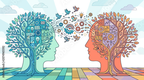 Illustration conceptuelle montrant deux profils humains sous forme d'arbres connectés par des oiseaux et des engrenages, symbolisant l'échange d'idées, la communication et la pensée créative.