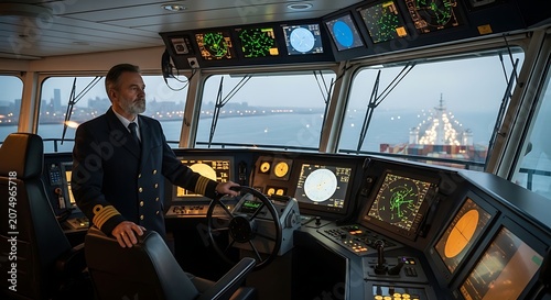 Captain steering ship navigation control panel.